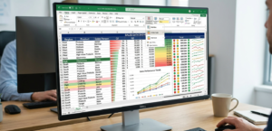 Excel spreadsheet with colored cells highlighting data trends, conditional formatting visualization.jpg