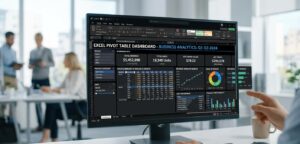 buatkan gambar tentang Excel pivot table dashboard with charts and summary data, business analytics style