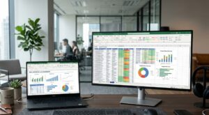modern office workspace with laptop showing Microsoft Excel dashboard, clean UI, data charts, productivity concept, professional lighting, high resolution